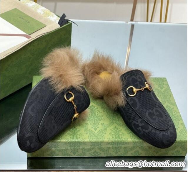 Feminine Gucci Jumbo GG Canvas and Wool Princetown Slippers Black 0821007