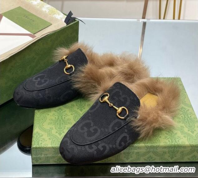 Feminine Gucci Jumbo GG Canvas and Wool Princetown Slippers Black 0821007