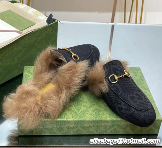 Feminine Gucci Jumbo GG Canvas and Wool Princetown Slippers Black 0821007