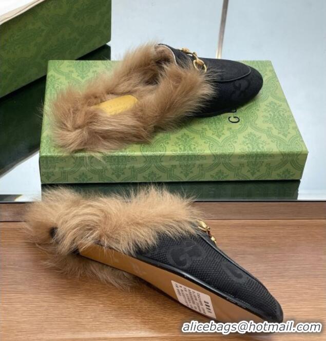 Feminine Gucci Jumbo GG Canvas and Wool Princetown Slippers Black 0821007