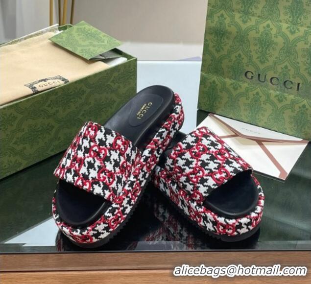 Duplicate Gucci GG Canvas Platform Silde Sandals with Houndtooth Red 821008