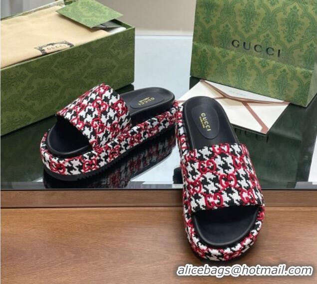 Duplicate Gucci GG Canvas Platform Silde Sandals with Houndtooth Red 821008