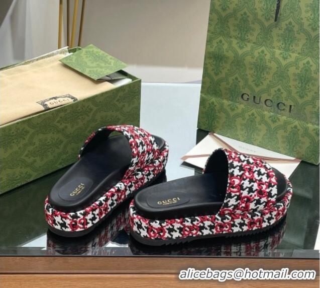 Duplicate Gucci GG Canvas Platform Silde Sandals with Houndtooth Red 821008