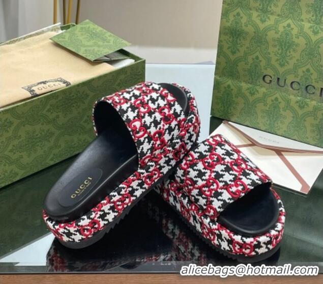 Duplicate Gucci GG Canvas Platform Silde Sandals with Houndtooth Red 821008