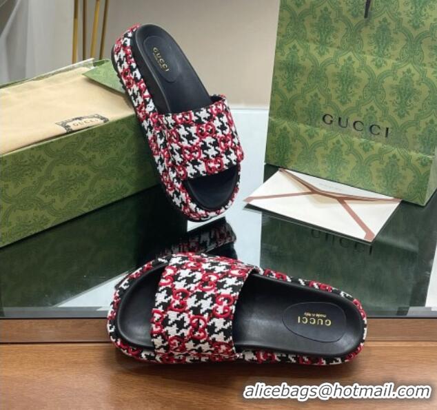 Duplicate Gucci GG Canvas Platform Silde Sandals with Houndtooth Red 821008