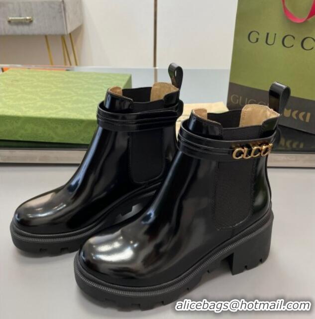 Lowest Price Gucci Leather Mid-Heel Ankle Boots 6cm with Logo Black 0821011