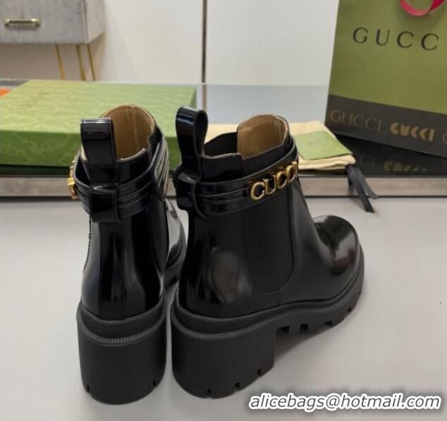 Lowest Price Gucci Leather Mid-Heel Ankle Boots 6cm with Logo Black 0821011