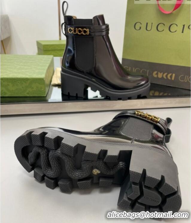 Lowest Price Gucci Leather Mid-Heel Ankle Boots 6cm with Logo Black 0821011