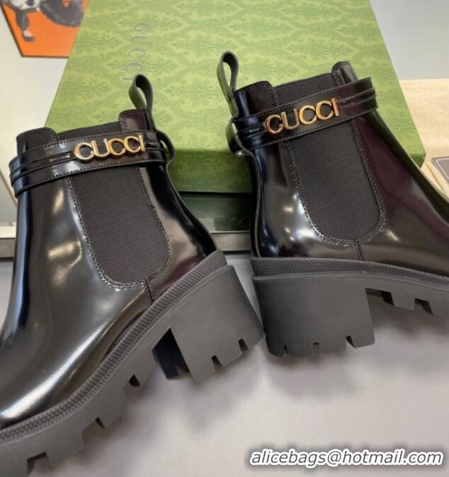 Lowest Price Gucci Leather Mid-Heel Ankle Boots 6cm with Logo Black 0821011