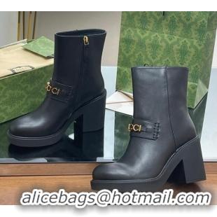 Luxury Cheap Gucci Leather Heel Ankle Boots 9cm with Logo Band Black 821012