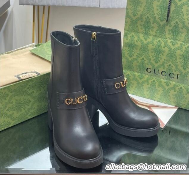 Luxury Cheap Gucci Leather Heel Ankle Boots 9cm with Logo Band Black 821012