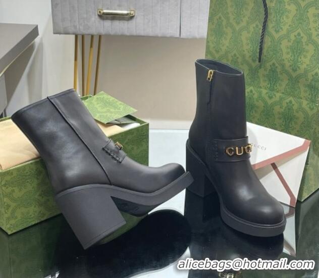 Luxury Cheap Gucci Leather Heel Ankle Boots 9cm with Logo Band Black 821012