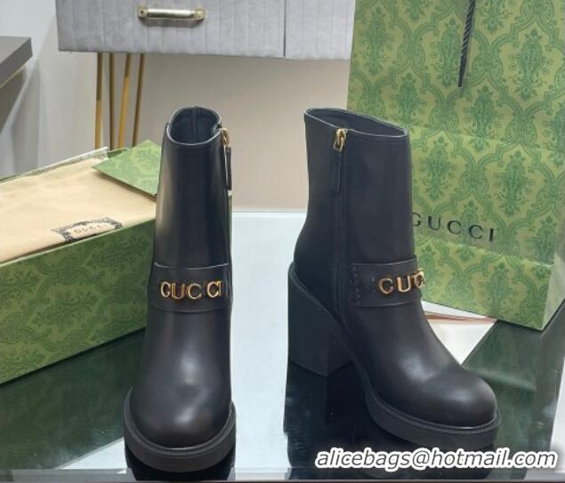 Luxury Cheap Gucci Leather Heel Ankle Boots 9cm with Logo Band Black 821012