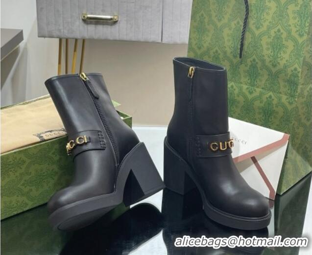 Luxury Cheap Gucci Leather Heel Ankle Boots 9cm with Logo Band Black 821012