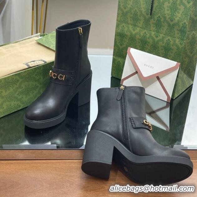 Luxury Cheap Gucci Leather Heel Ankle Boots 9cm with Logo Band Black 821012