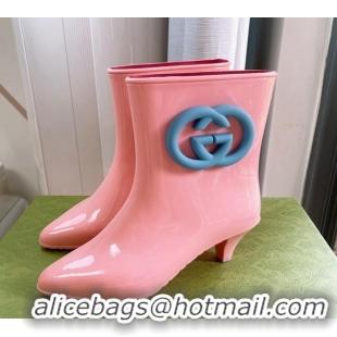 Luxury Gucci Rubber Interlocking G Heel Ankle Boots 5cm Light Pink 821015