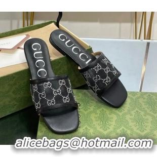 Classic Hot Gucci Crystal GG Mesh Flat Slide Sandals Black 821018