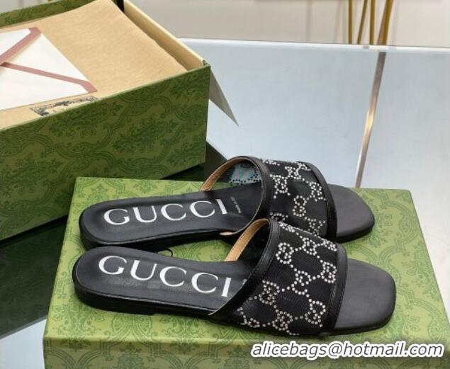 Classic Hot Gucci Crystal GG Mesh Flat Slide Sandals Black 821018