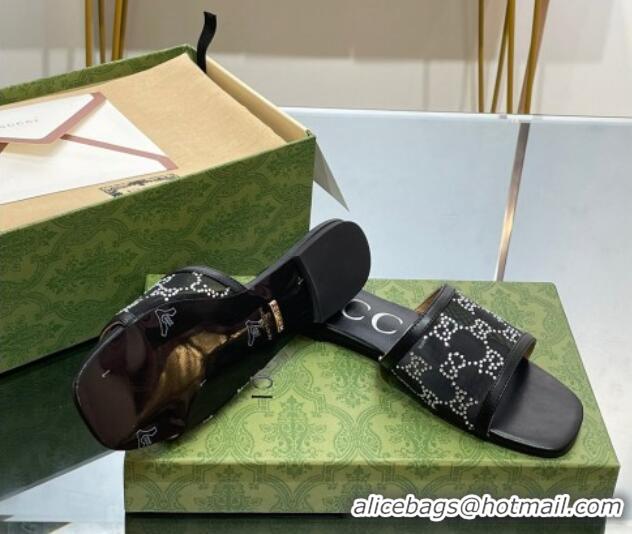 Classic Hot Gucci Crystal GG Mesh Flat Slide Sandals Black 821018