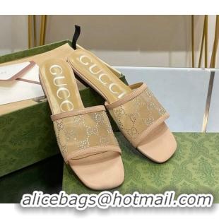 Stylish Gucci Crystal GG Mesh Flat Slide Sandals Rose Beige 821019