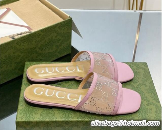 Unique Discount Gucci Crystal GG Mesh Flat Slide Sandals Light Purple 821020