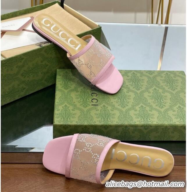 Unique Discount Gucci Crystal GG Mesh Flat Slide Sandals Light Purple 821020