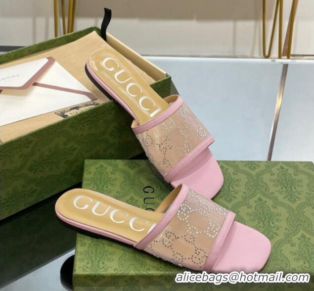 Unique Discount Gucci Crystal GG Mesh Flat Slide Sandals Light Purple 821020