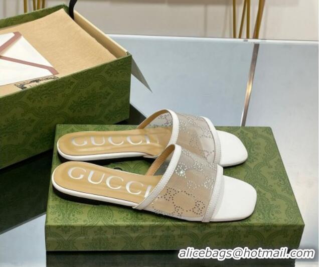 Sumptuous Gucci Crystal GG Mesh Flat Slide Sandals White 821021