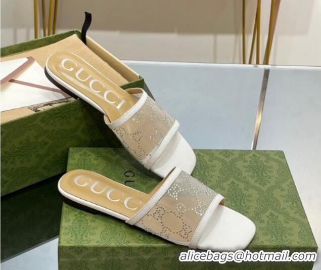 Sumptuous Gucci Crystal GG Mesh Flat Slide Sandals White 821021