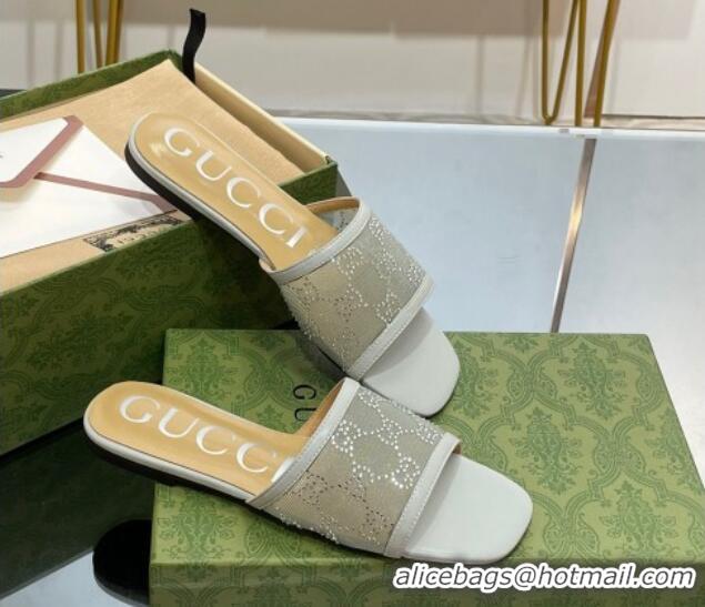 Lowest Cost Gucci Crystal GG Mesh Flat Slide Sandals Light Grey 821022