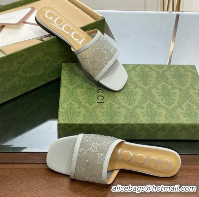 Lowest Cost Gucci Crystal GG Mesh Flat Slide Sandals Light Grey 821022