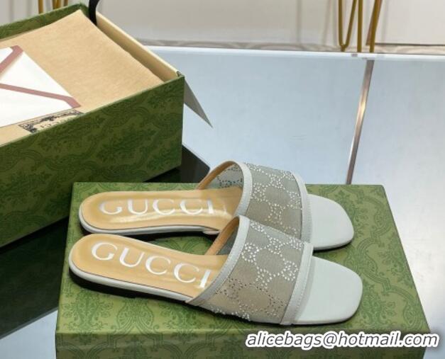 Lowest Cost Gucci Crystal GG Mesh Flat Slide Sandals Light Grey 821022