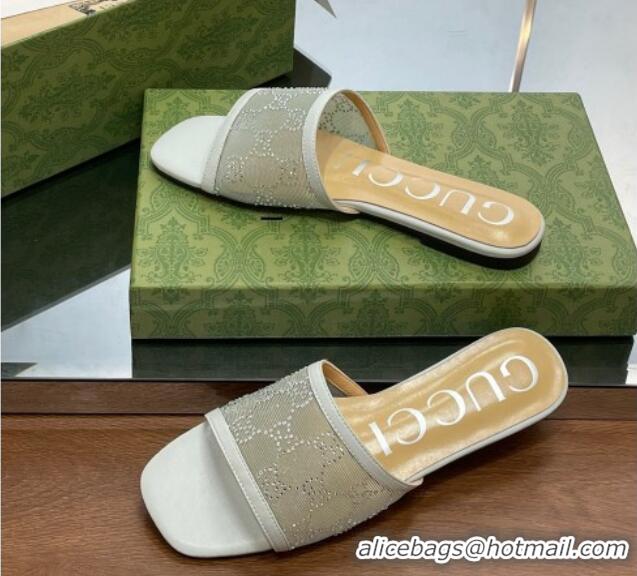 Lowest Cost Gucci Crystal GG Mesh Flat Slide Sandals Light Grey 821022