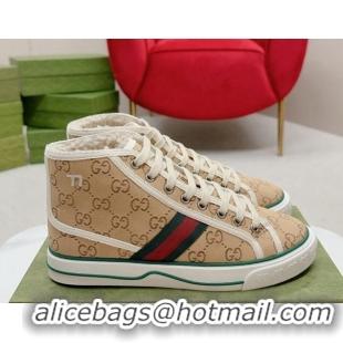 Unique Style Gucci Tennis 1977 High-top Sneakers in GG Canvas and Teddy Fur GG08311 Beige