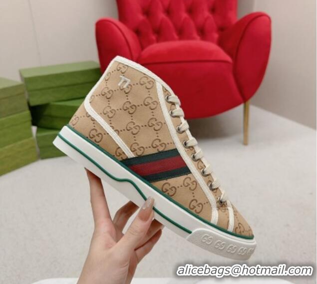 Unique Style Gucci Tennis 1977 High-top Sneakers in GG Canvas and Teddy Fur GG08311 Beige