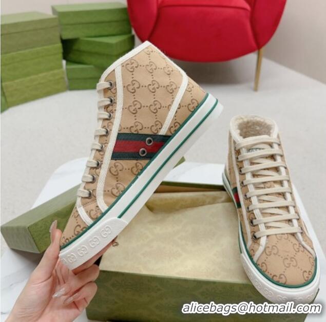 Unique Style Gucci Tennis 1977 High-top Sneakers in GG Canvas and Teddy Fur GG08311 Beige