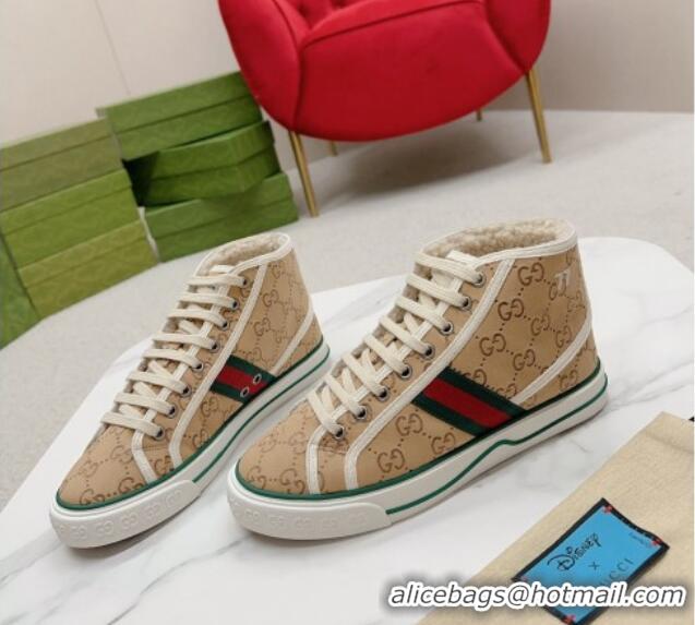 Unique Style Gucci Tennis 1977 High-top Sneakers in GG Canvas and Teddy Fur GG08311 Beige