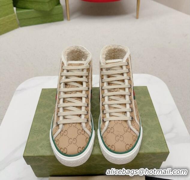 Unique Style Gucci Tennis 1977 High-top Sneakers in GG Canvas and Teddy Fur GG08311 Beige