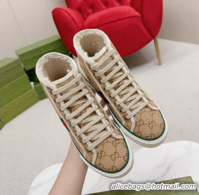 Unique Style Gucci Tennis 1977 High-top Sneakers in GG Canvas and Teddy Fur GG08311 Beige