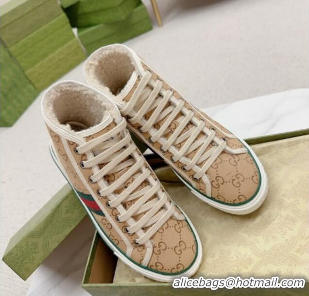 Unique Style Gucci Tennis 1977 High-top Sneakers in GG Canvas and Teddy Fur GG08311 Beige