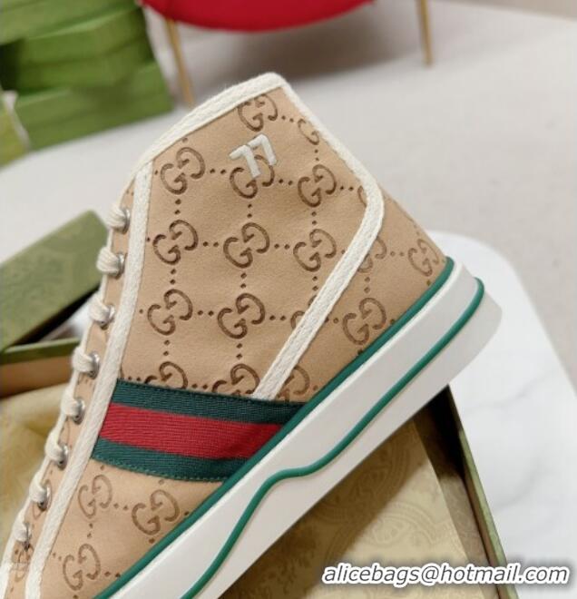 Unique Style Gucci Tennis 1977 High-top Sneakers in GG Canvas and Teddy Fur GG08311 Beige