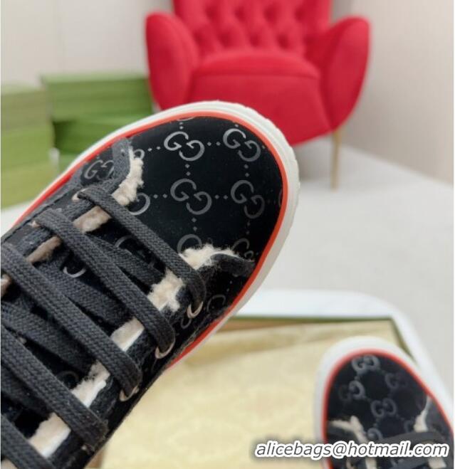 Grade Quality Gucci Tennis 1977 High-top Sneakers in GG Canvas and Teddy Fur GG08311 Black