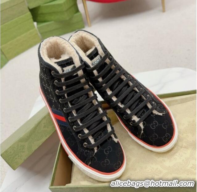 Grade Quality Gucci Tennis 1977 High-top Sneakers in GG Canvas and Teddy Fur GG08311 Black