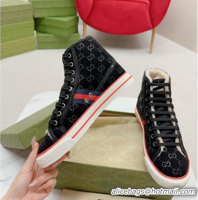 Grade Quality Gucci Tennis 1977 High-top Sneakers in GG Canvas and Teddy Fur GG08311 Black