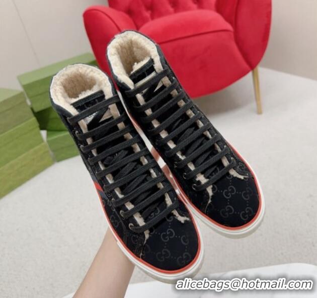 Grade Quality Gucci Tennis 1977 High-top Sneakers in GG Canvas and Teddy Fur GG08311 Black