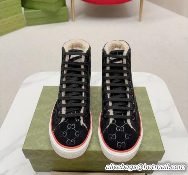 Grade Quality Gucci Tennis 1977 High-top Sneakers in GG Canvas and Teddy Fur GG08311 Black