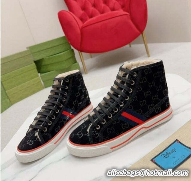 Grade Quality Gucci Tennis 1977 High-top Sneakers in GG Canvas and Teddy Fur GG08311 Black