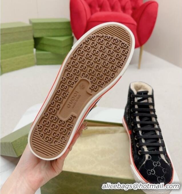 Grade Quality Gucci Tennis 1977 High-top Sneakers in GG Canvas and Teddy Fur GG08311 Black