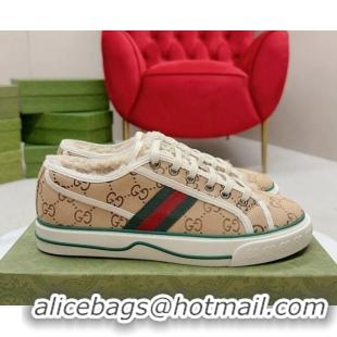 Good Looking Gucci Tennis 1977 Low-top Sneakers in GG Canvas and Teddy Fur GG08311 Beige