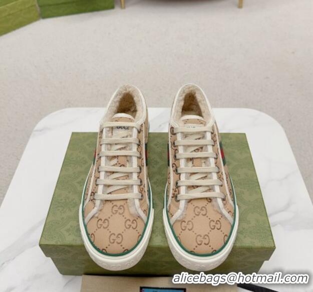 Good Looking Gucci Tennis 1977 Low-top Sneakers in GG Canvas and Teddy Fur GG08311 Beige